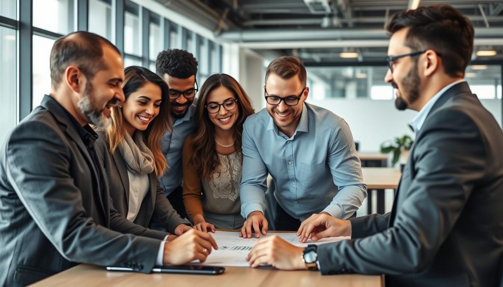 Groupe diversifié de professionnels en portage salarial collaborant sur un projet