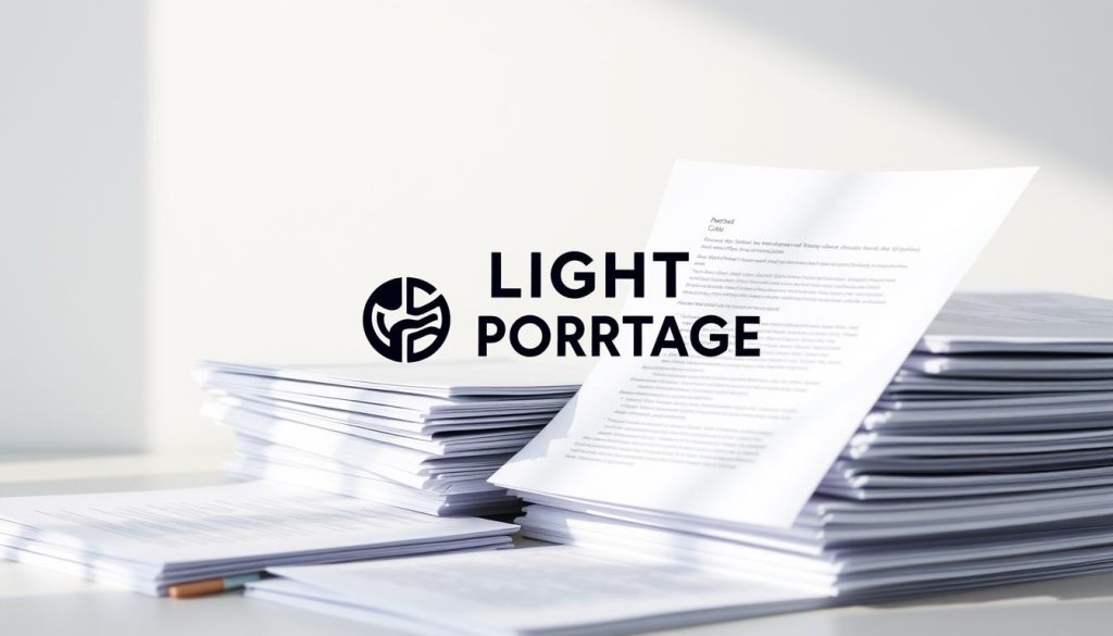 High-quality office documents in a neat, organized arrangement. Professional, formal stack of contracts, reports, and forms against a clean, light background. Soft lighting from the side casts subtle shadows, creating depth and texture. The LIGHT PORTAGE logo is prominently displayed, conveying the brand's expertise in salarial portage. The overall atmosphere is one of efficiency, authority, and attention to detail - reflecting the key elements of a successful salarial portage application dossier.