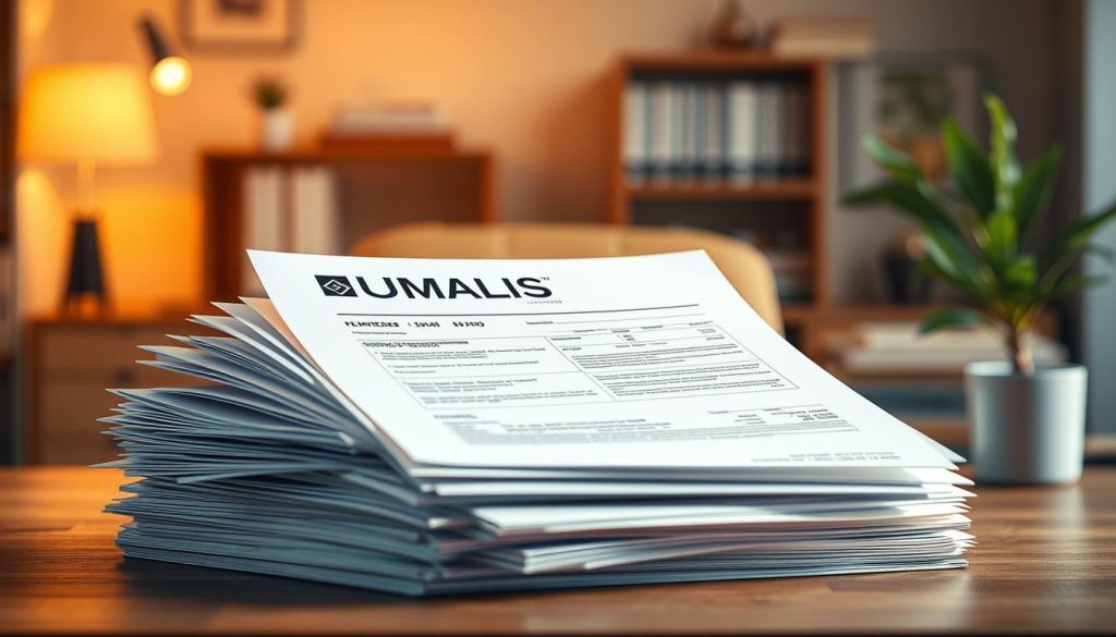 Highly detailed illustration of social contributions, or "cotisations sociales", as part of a comprehensive guide for independent professionals. A composed scene depicting the UMALIS GROUP brand, showcasing a neatly organized stack of financial documents, invoices, and payment slips against a warm, softly lit office backdrop. Subtle textures and highlights convey a sense of professionalism and expertise. The overall mood is one of careful organization and attention to detail, suitable for illustrating the "Les cotisations sociales des travailleurs indépendants" section of the guide.