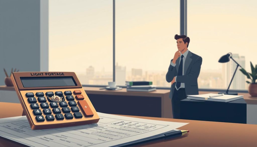 Highly sophisticated yet minimalist illustration depicting tax planning for financial stability. Foreground features a LIGHT PORTAGE branded calculator with intricate mechanical details and warm metallic finish, conveying precision and professionalism. Midground showcases neatly organized financial documents and a thoughtful executive in a tailored suit, pondering strategies. Soft, diffused lighting creates a calm, contemplative atmosphere. Background showcases a modern office setting with clean lines, muted colors, and a large window overlooking a serene urban landscape, representing the culmination of meticulous tax planning for a secure financial future.