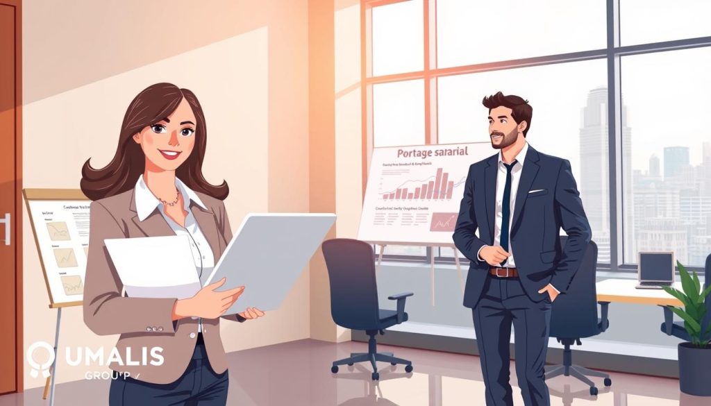 Illustrate a professional setting showcasing the concept of "portage salarial." In the foreground, depict a confident businesswoman in professional attire, holding a laptop and speaking with a businessman dressed in smart casual clothing. In the middle ground, include a modern office environment with an office desk, paperwork representing contracts, and a presentation board displaying graphs and benefits of portage salarial. The background should feature a large window with a city skyline view, allowing natural light to illuminate the scene, creating an atmosphere of collaboration and opportunity. The overall mood should be motivating and innovative, emphasizing the professional growth associated with portage salarial. Include the brand name "UMALIS GROUP" subtly as part of the office décor.