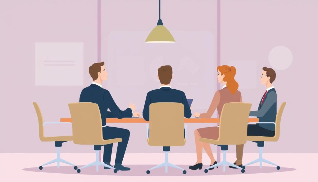 Illustration de consultants en réunion, symbolisant la recherche de missions