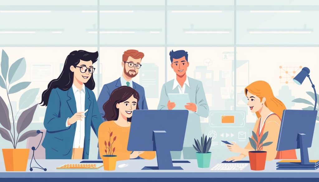 Illustration de professionnels du numérique travaillant sur des projets informatiques