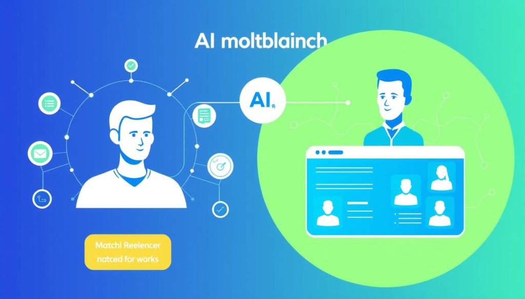 Illustration du système d'IA de la plateforme freelance avec IA Bizme.fr analysant des profils et des offres pour un matching optimal Illustration du système d'IA de la plateforme freelance avec IA Bizme.fr analysant des profils et des offres pour un matching optimal