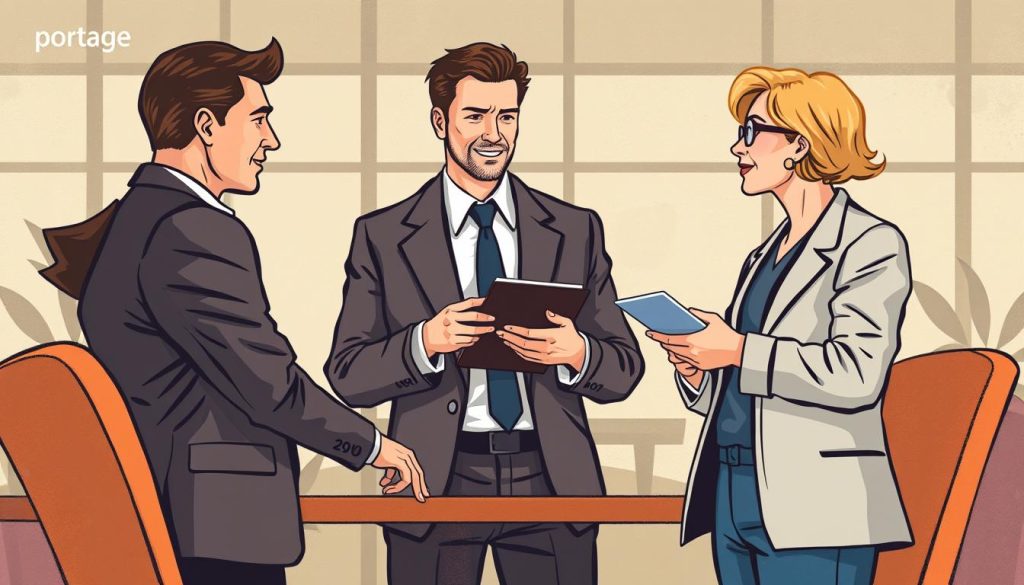 Illustration représentant un consultant en portage salarial avec un client et une société de portage