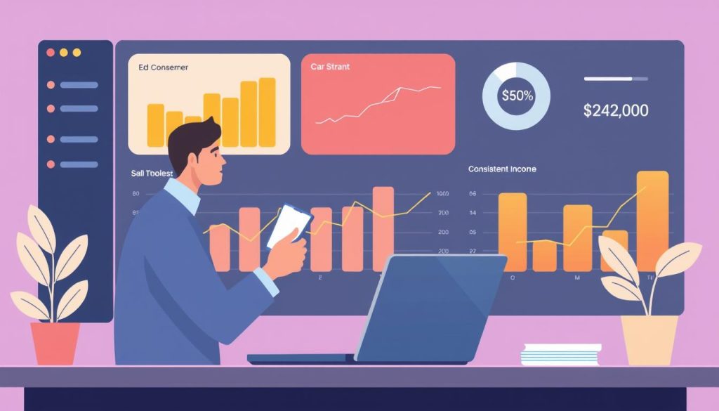 Illustration représentant un consultant en portage salarial gérant son budget avec un tableau de bord affichant des graphiques de revenus réguliers.