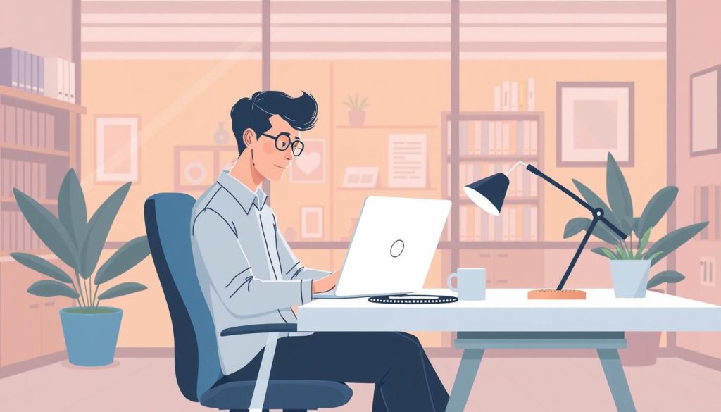 Illustration représentant un professionnel en portage salarial travaillant de manière flexible et sereine.