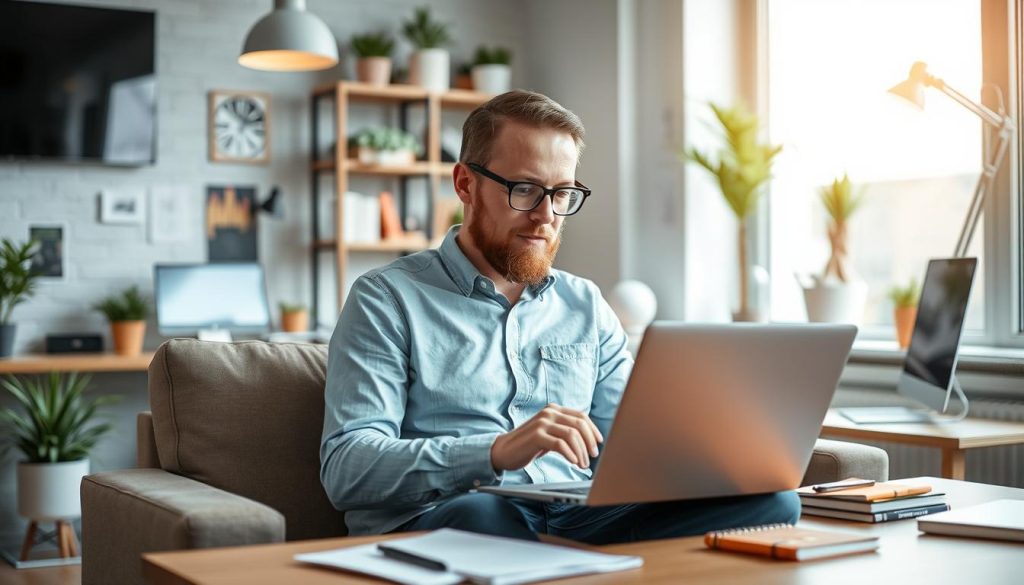 Image: Un consultant informatique travaillant de manière flexible avec un ordinateur portable