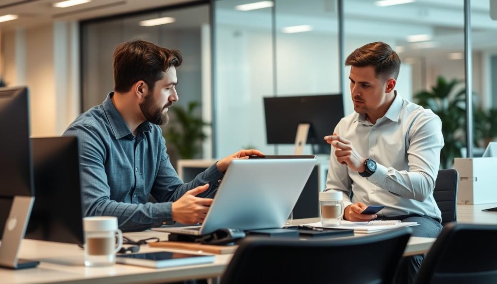 Image de consultant IT en réunion avec un client