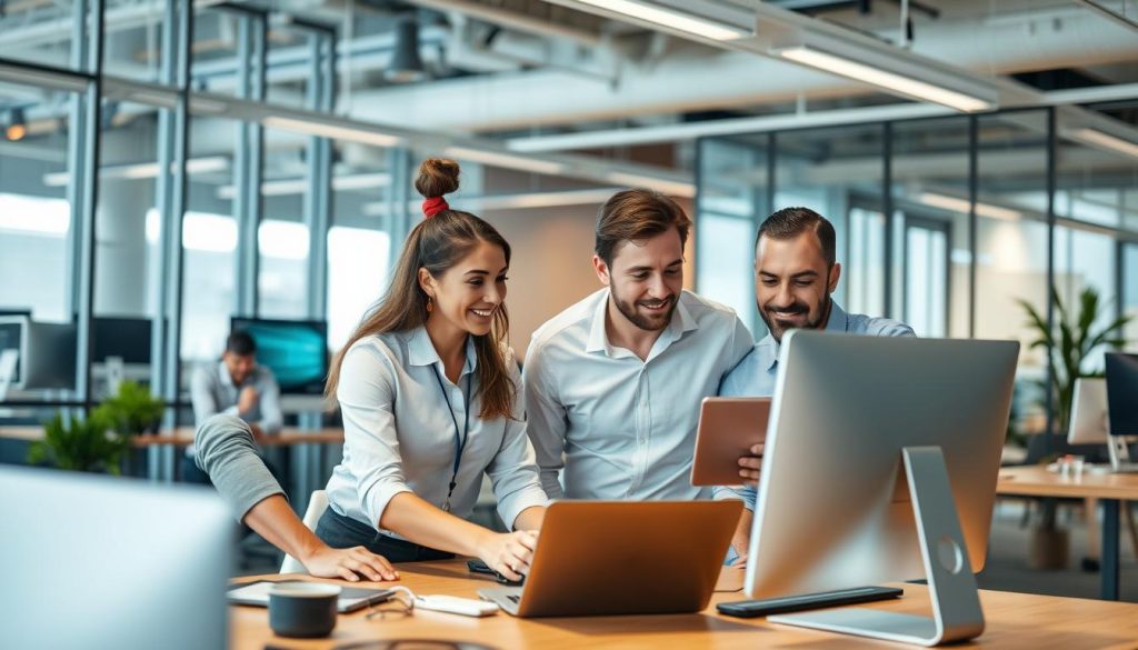 Image de consultants IT en train de travailler dans un environnement moderne et collaboratif