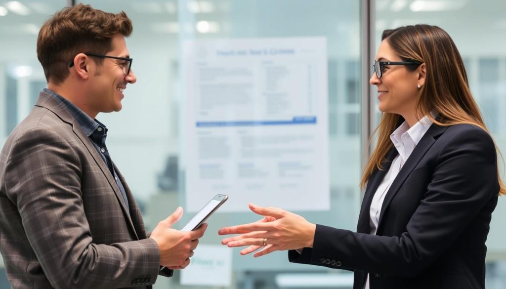 Image de deux personnes discutant des frais de gestion portage salarial