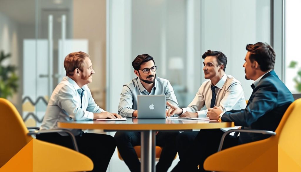 Image de formateurs en réunion avec un client