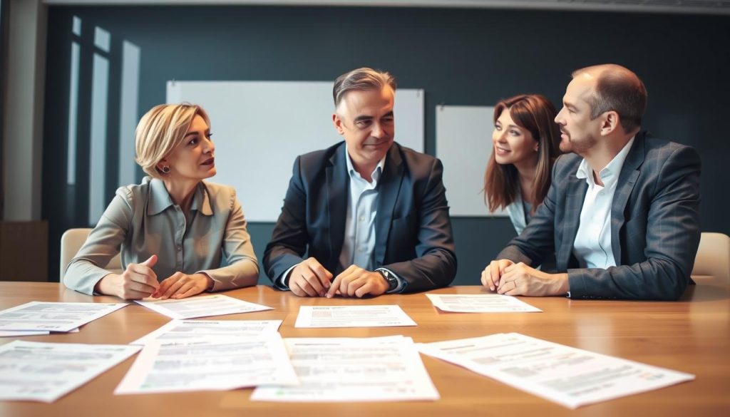 Image de professionnels discutant autour d'une table avec des documents de contrat de portage salarial