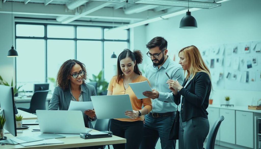Image de professionnels du marketing et de la communication travaillant sur des projets variés