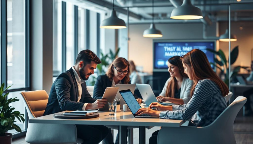 Image de professionnels du webmarketing en train de travailler dans un environnement moderne et collaboratif