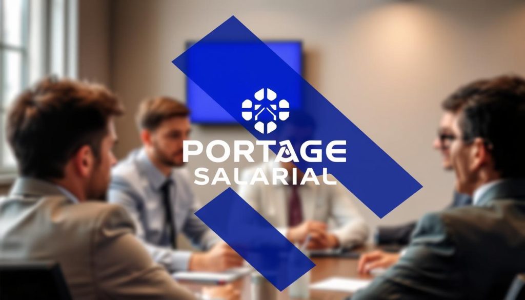 Image de professionnels en réunion avec le logo de Portage Salarial Yon