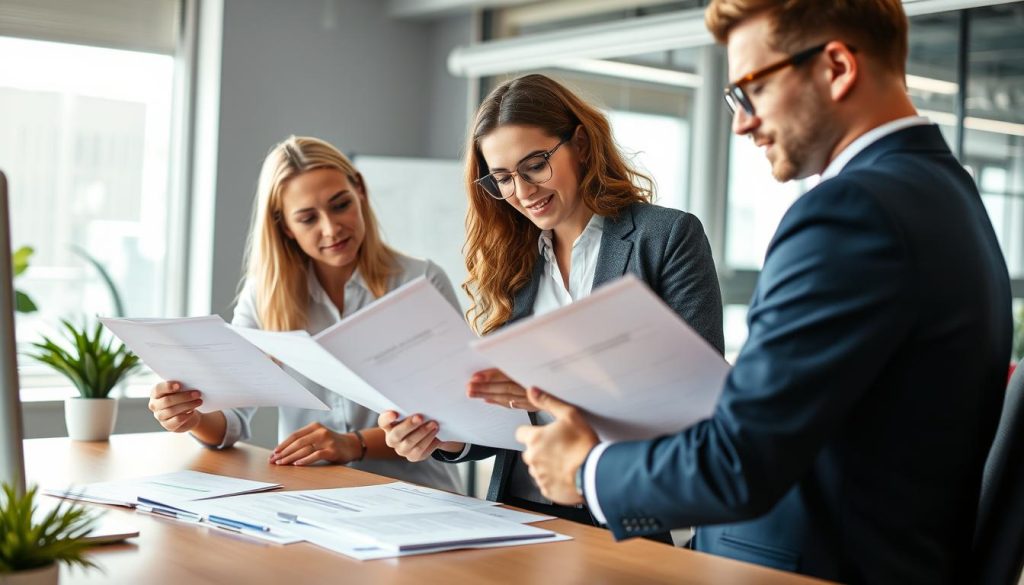 Image de professionnels indépendants examinant des documents d'assurance