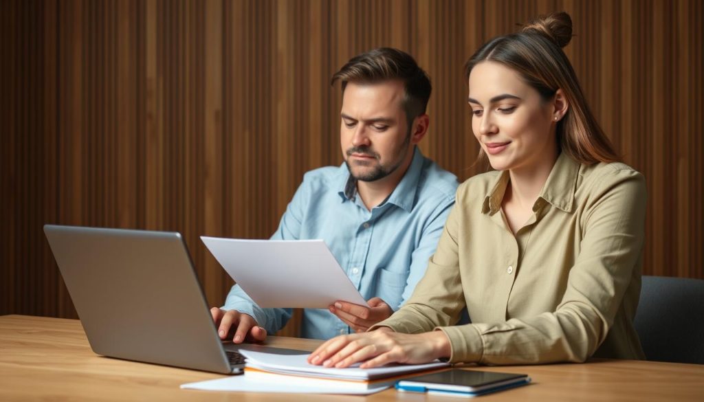 Image de professionnels indépendants travaillant sereinement avec un ordinateur portable et des documents, symbolisant la sécurité et la simplicité administrative offertes par le portage salarial.