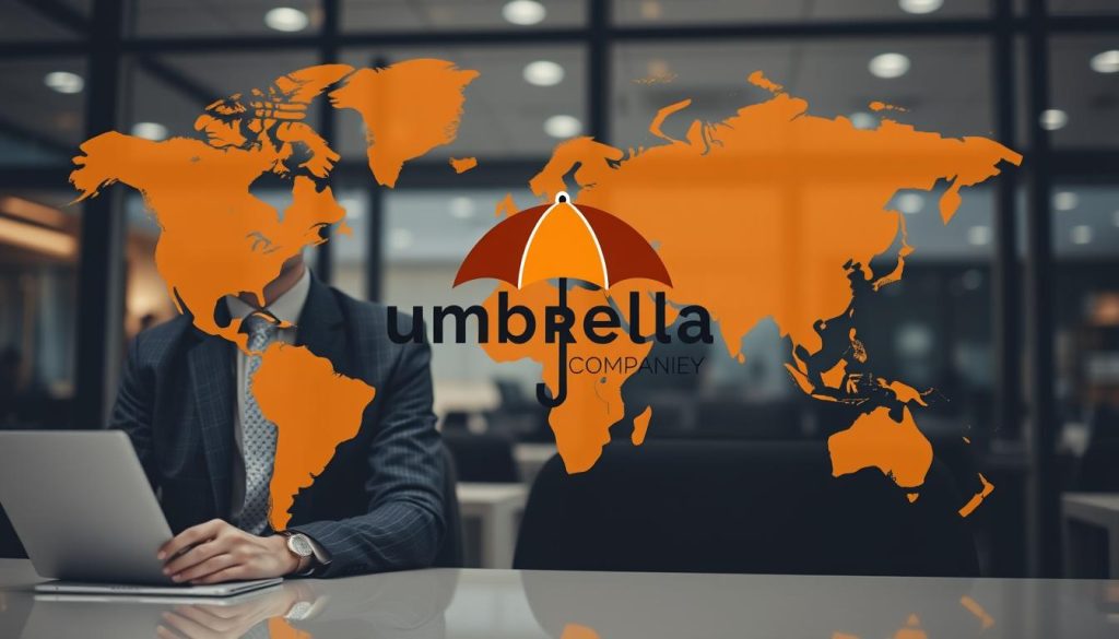 Image de professionnels travaillant à l'international avec un logo de société de portage salarial