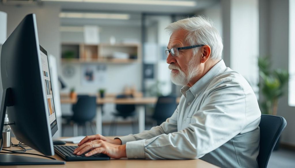 Image d'un senior travaillant sur un ordinateur avec un environnement de travail flexible.