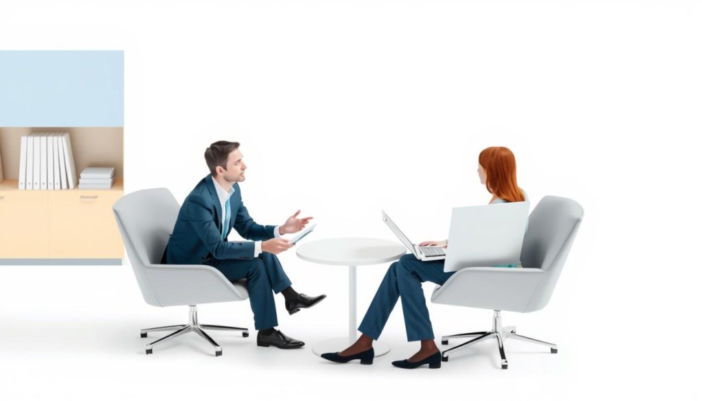 Image d'une consultante en discussion avec un représentant d'une société de portage salarial