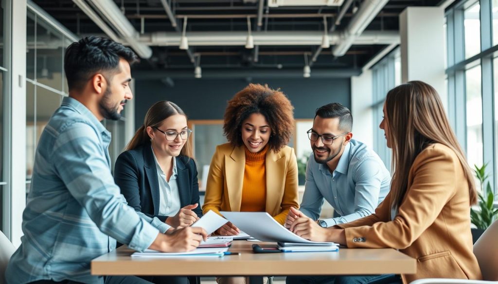 Image d'une équipe de consultants travaillant ensemble pour mettre en place un changement organisationnel réussi.