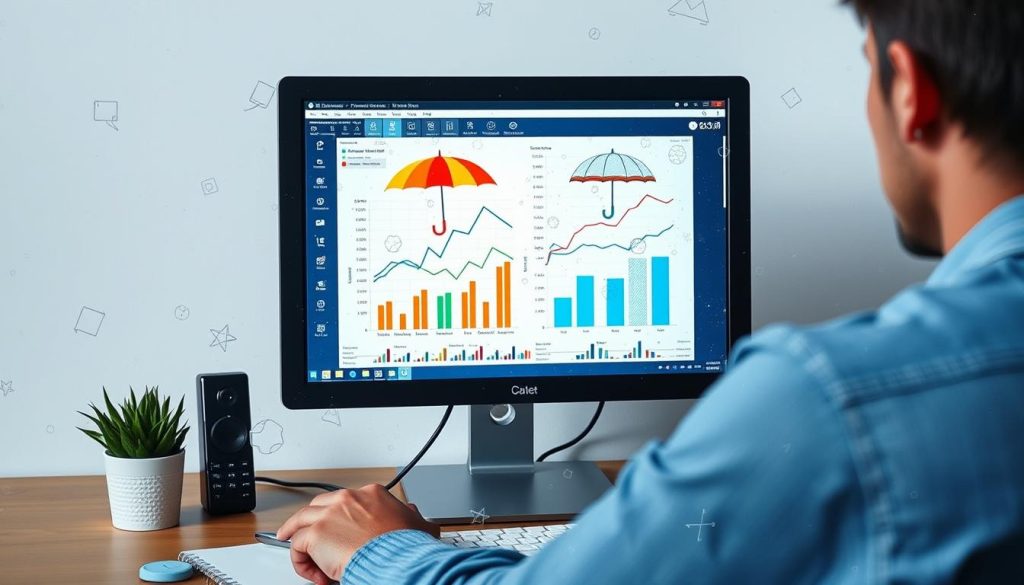 Image d'une personne consultant un ordinateur avec des graphiques de comparaison de sociétés de portage salarial