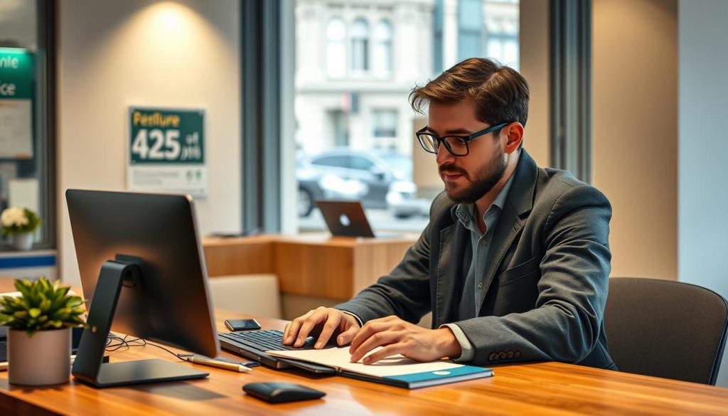 Image generation prompt: A French freelancer setting up business banking online or at a local bank branch.