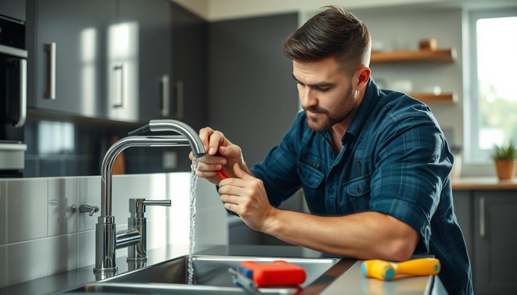 Image generation prompt: A person fixing a leaky faucet