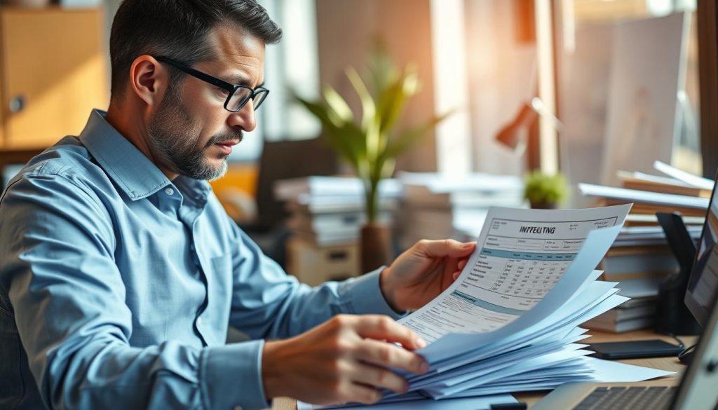 Image generation prompt: A professional consultant reviewing invoices and receipts for reimbursable mission expenses.