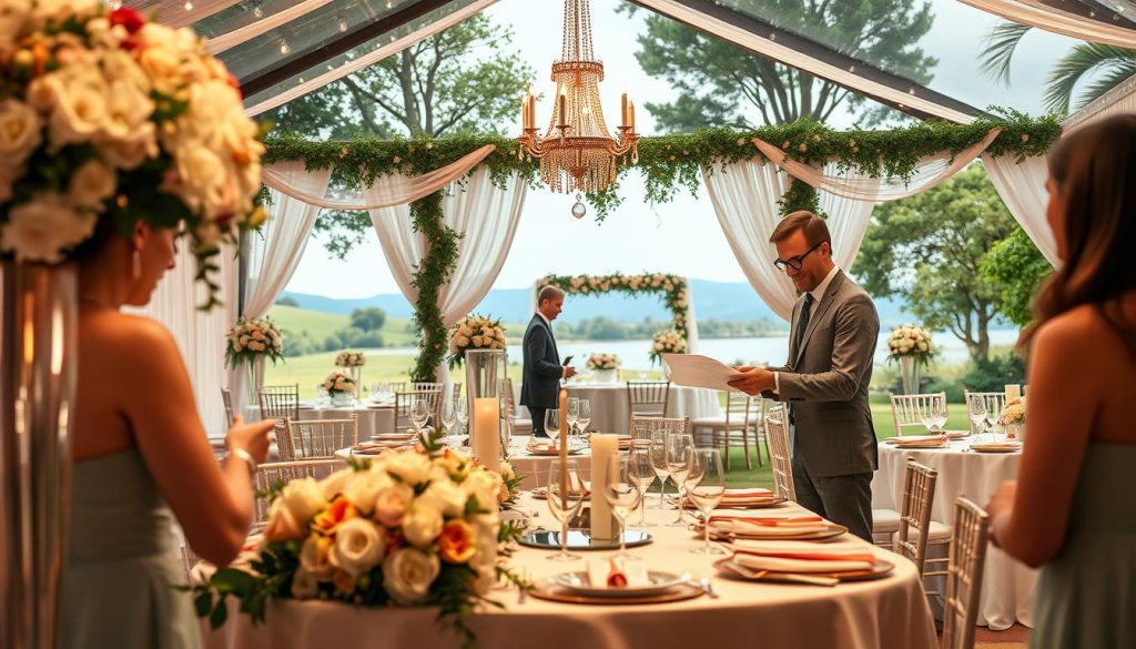 Image generation prompt: An event planner organizing a wedding