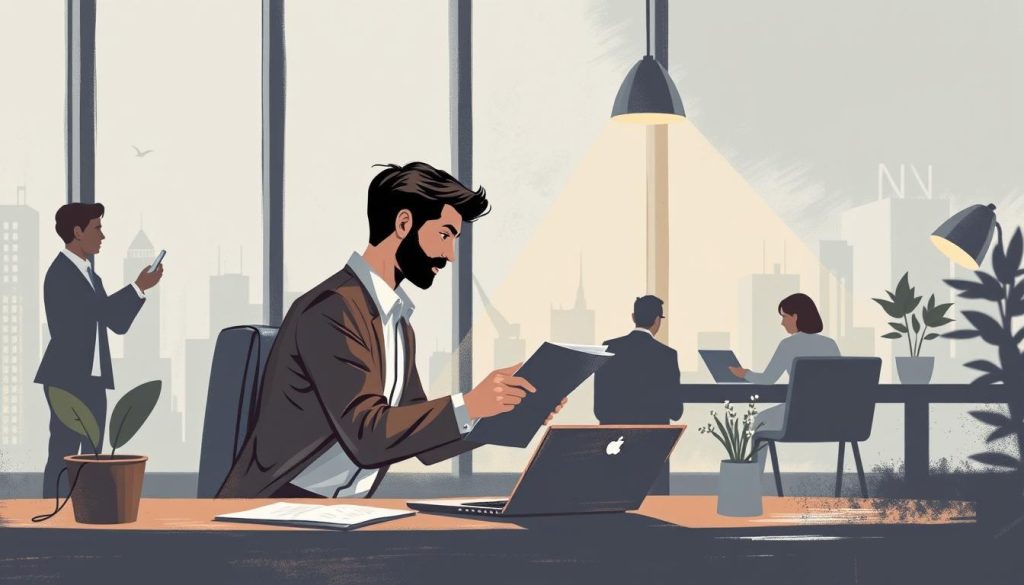 Image generation prompt: An illustration showing the concept of salary portage, with a consultant working on a project while being supported by a portage company.