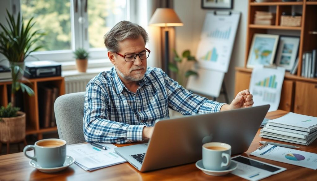 Image generation prompt: An image depicting a self-employed individual planning their retirement on a laptop