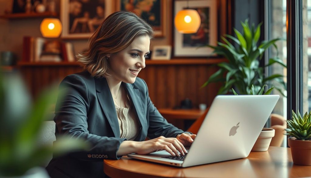 Image generation prompt: Un cadre en reconversion professionnelle utilisant un ordinateur portable dans un café