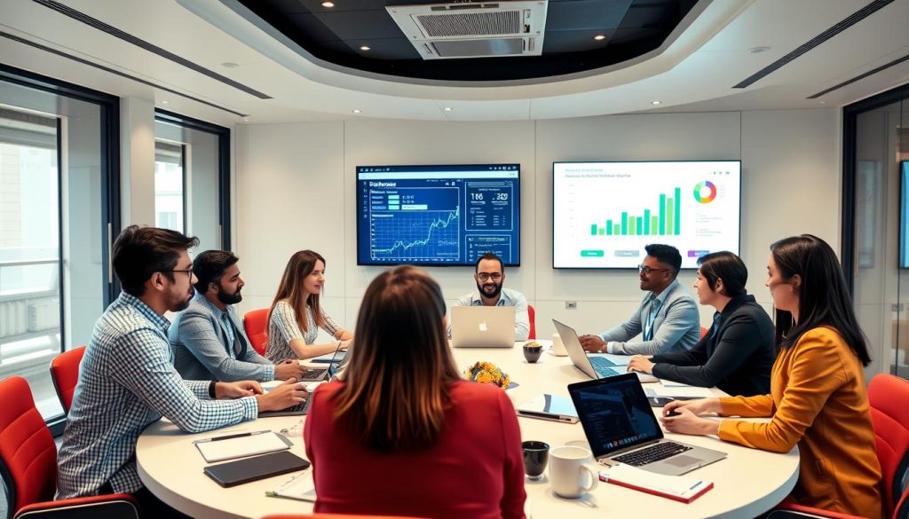 Image generation prompt: Un consultant en management travaillant avec une équipe dans une salle de réunion moderne.