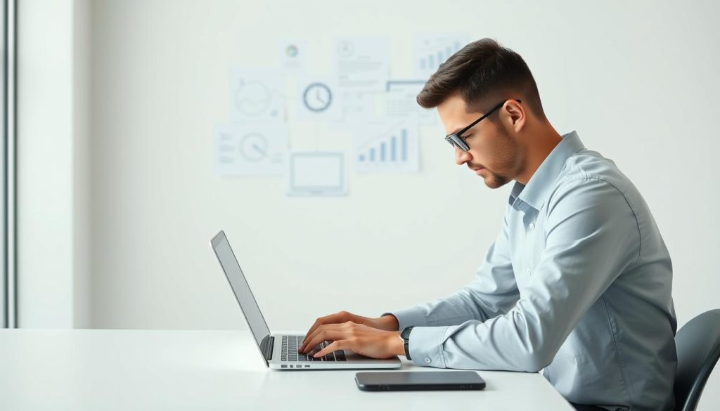 Image generation prompt: Un consultant freelance travaillant sur son ordinateur avec un arrière-plan simplifié représentant la gestion administrative.