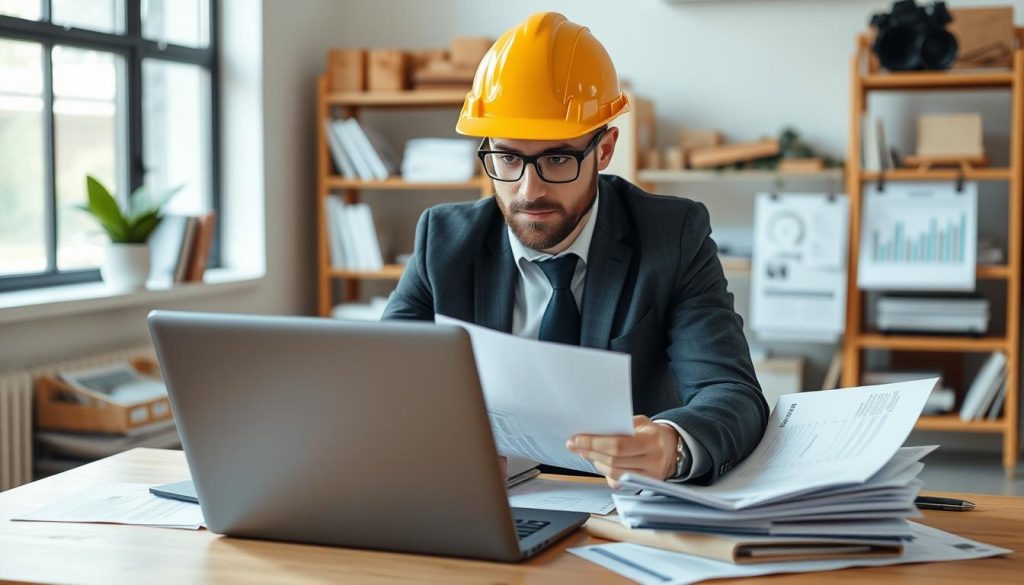Image generation prompt: Un expert-comptable en portage salarial travaillant sur un ordinateur portable avec des documents financiers.