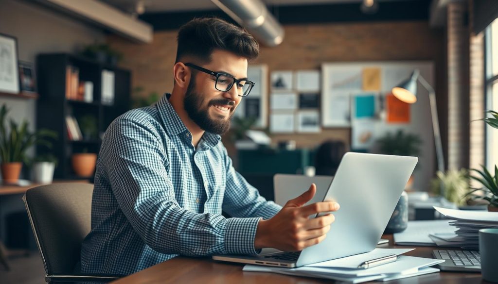 Image generation prompt: Un freelance créant son entreprise avec un ordinateur portable et des documents