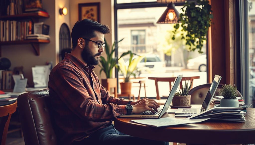Image generation prompt: Un freelance travaillant dans un café, avec un ordinateur portable et des documents épars autour de lui, symbolisant la flexibilité et les défis du travail indépendant.