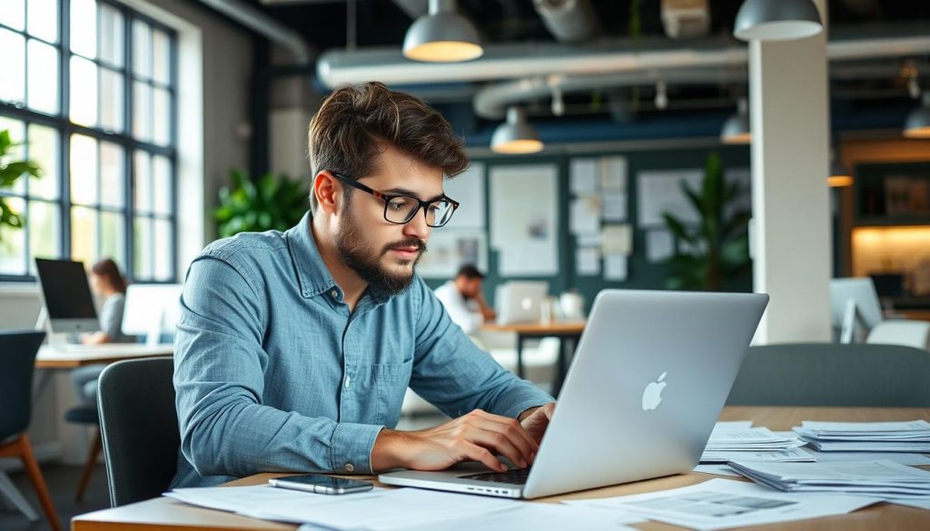 Image generation prompt: Un indépendant en train de travailler dans un espace de coworking, avec un ordinateur portable et des documents éparpillés autour de lui.