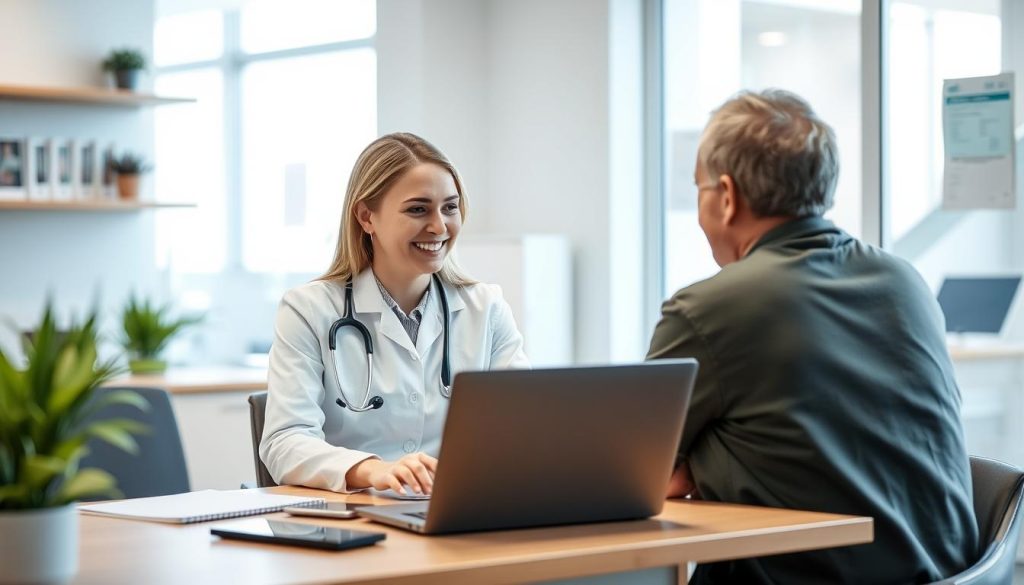 Image generation prompt: Un professionnel de la santé en consultation avec un patient, avec un ordinateur portable ouvert sur un bureau.