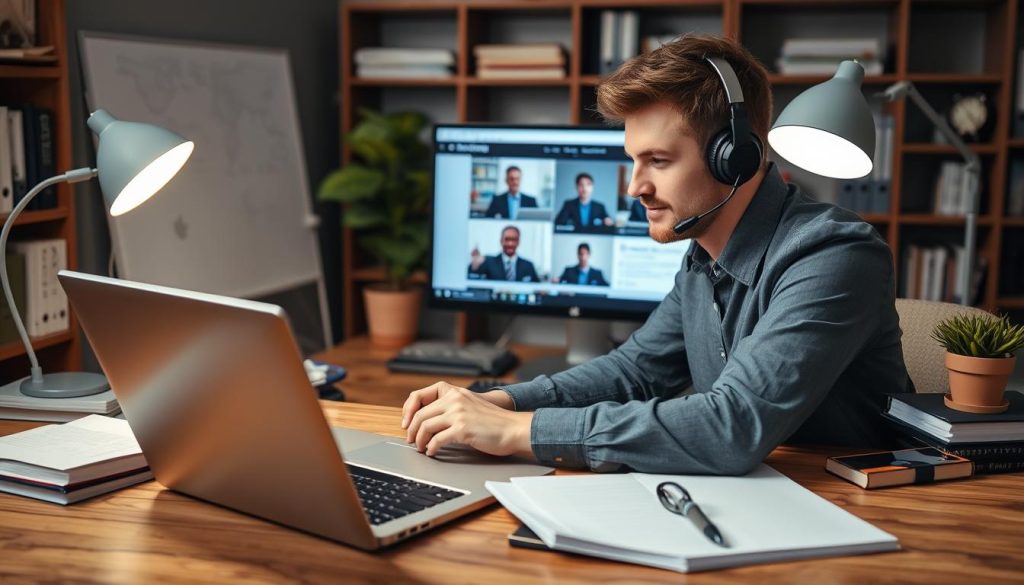 Image generation prompt: Un professionnel en train de suivre une formation en ligne sur son ordinateur.