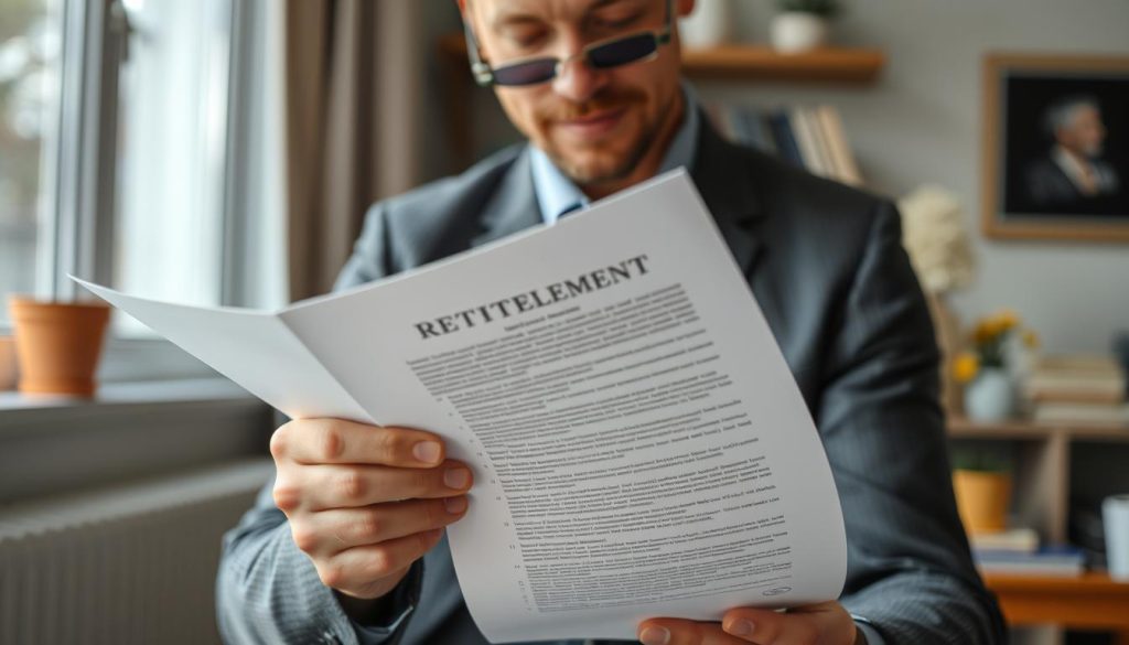 Image generation prompt: Un professionnel indépendant consultant un document sur la retraite