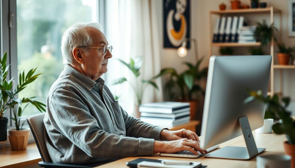 Image generation prompt: Un senior travaillant sur son ordinateur avec un environnement de travail serein