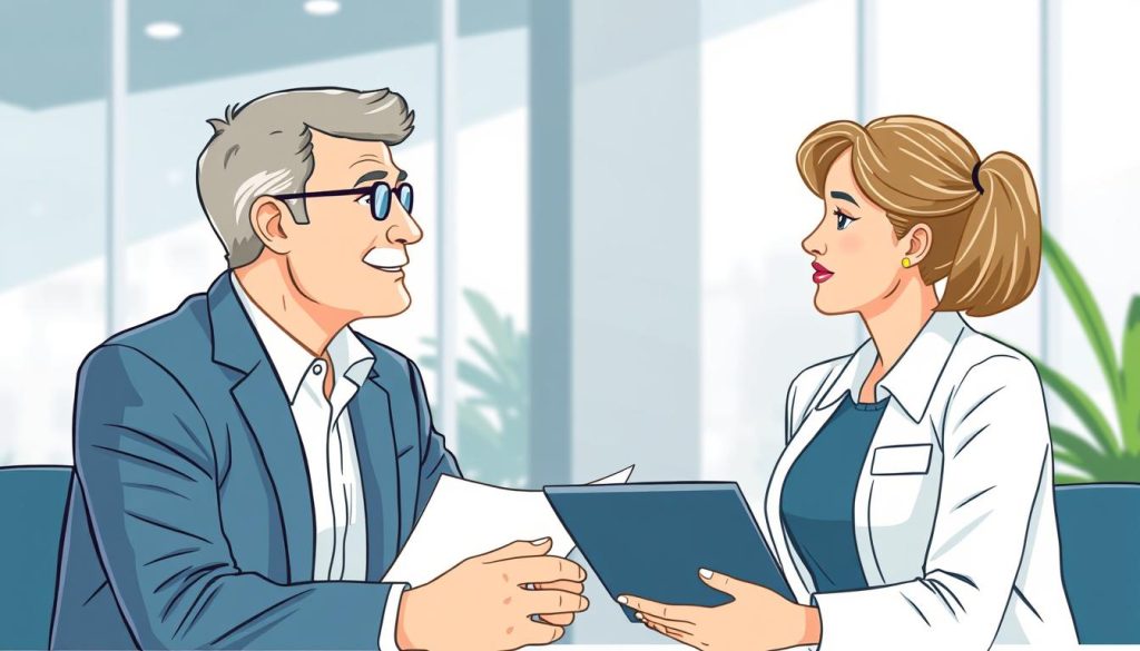Image generation prompt: Une illustration représentant un consultant senior en discussion avec un représentant d'une société de portage salarial.