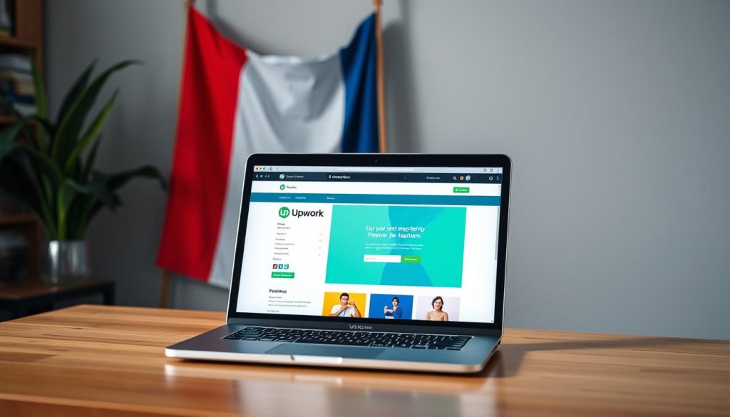 Image generation prompt: Upwork platform interface on a laptop screen, with a French flag in the background.