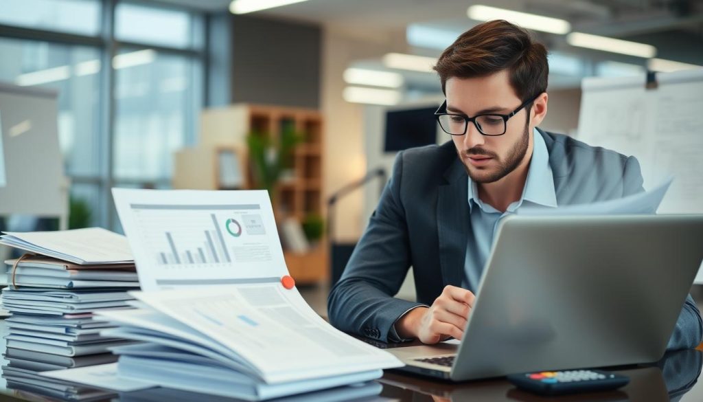 Image generation prompt for accounting services: "A professional accountant working on a laptop with financial reports"