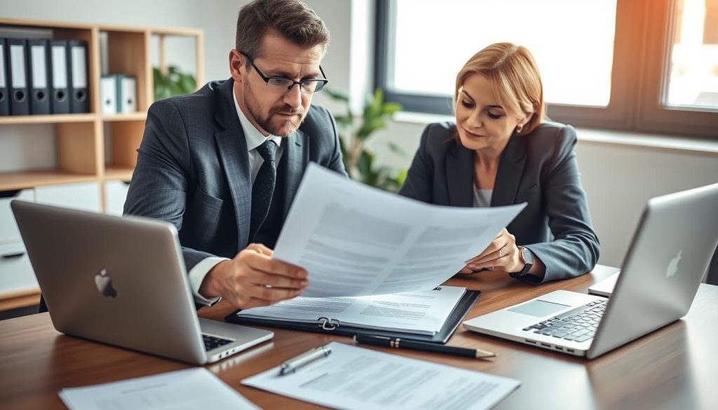 Image generation prompt for legal services: "A lawyer reviewing a contract with a professional"