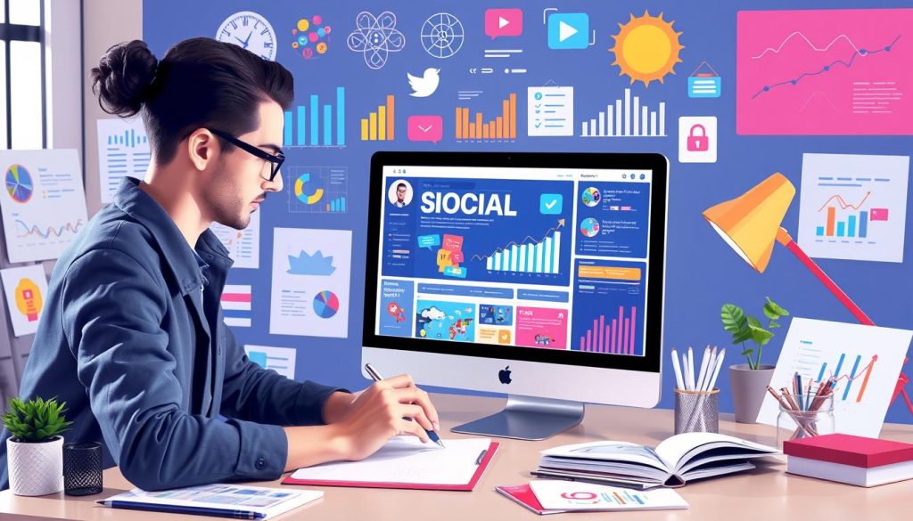Image generation prompt for marketing services: "A marketer creating a social media campaign"