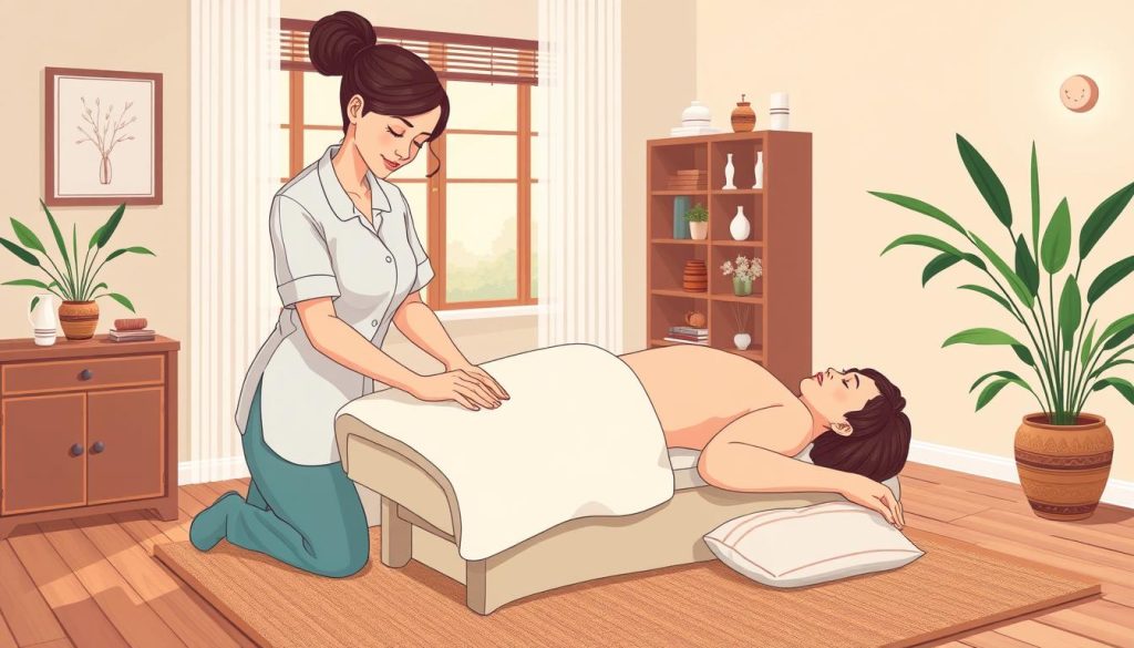 Image generation prompt for massage therapy license requirements: A licensed massage therapist performing a massage on a client.